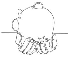 continuous line drawing of a hand with a piggy bank vector illustration