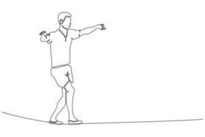 Continuous line drawing of a young man walking on a rope vector illustration