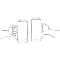 Continuous line drawing of beer mug with two hands vector illustration