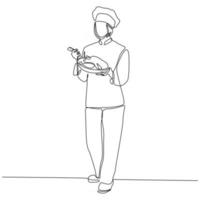 continuous line drawing of female cook with skillet of meat vector illustration