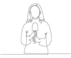 continuous line drawing of female journalist with microphone doing a live broadcast vector illustration