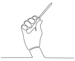 continuous line drawing of a hand holding a screwdriver vector illustration