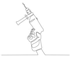 continuous line drawing of a hand holding a concrete drill vector illustration