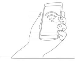continuous line drawing of a hand checking the wifi signal of a cell phone vector illustration