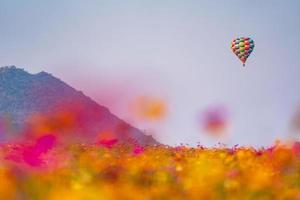 Globo en el cielo azul sobre un hermoso jardín de flores foto