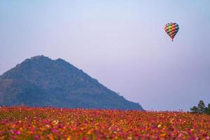 Globo en el cielo azul sobre un hermoso jardín de flores foto