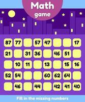 Vector illustration. Math game for preschool and school age children. Fill the missing numbers. Find a sequence.
