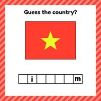 Worksheet on geography for preschool and school kids. Crossword. Vietnam flag. Cuess the country. vector