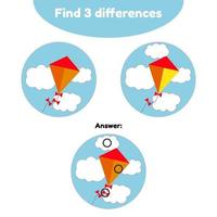 ilustración vectorial. juego de rompecabezas para niños en edad preescolar. encuentra 3 diferencias. con la respuesta. cometa en el cielo azul y las nubes vector