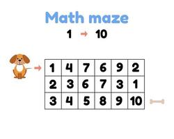 vector illustration. game for preschool children. mathematical maze. help the puppy to get to the bone. find numbers from 1 to 10