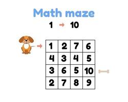 ilustración vectorial. juego para niños en edad preescolar. laberinto matemático. ayudar al cachorro a llegar al hueso. encontrar números del 1 al 10 vector