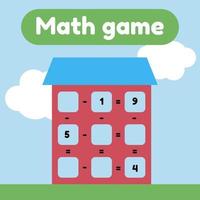 Vector illustration. Math game for preschool and school age children. Count and insert the correct numbers. Subtraction. House with windows.