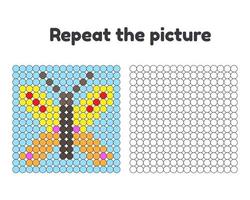 ilustración vectorial. juego para niños en edad preescolar. repite la imagen. pintar los círculos. mariposa amarilla sobre fondo azul. vector