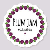 Vector illustration. Label for berry jam. Round frame of berries. Plum