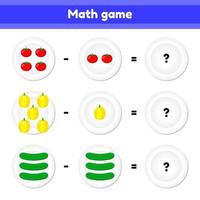 ilustración vectorial. educativo un juego matemático. tarea lógica para niños. sustracción. verduras. tomate, pimiento, pepino vector