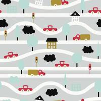 Vector illustration. Seamless background. Children's pattern with roads, cars, trees, traffic lights, houses and clouds. Grey, blue, black, red, gold