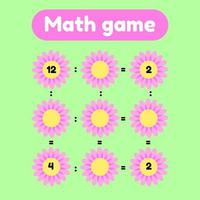 Vector illustration. Math game for preschool and school age children. Count and insert the correct numbers. Division. Glade with pink flowers.