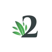Number Two logo with green leaves. Natural number 2 logo. vector