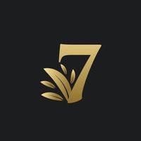 Golden Number Seven logo with gold leaves. vector