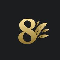 Golden Number Eight logo with gold leaves. vector
