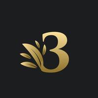 Golden Number Three logo with gold leaves. vector