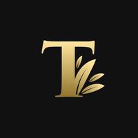 Golden Initial Letter T Leaf Logo