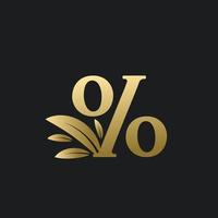 logotipo de signo de porcentaje de oro con hojas de oro. vector