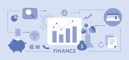 Financial graphs and icons connected to each other. Blue monotone infographic banner. flat design style minimal vector illustration.