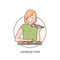 una mujer come sushi con palillos. ilustraciones de diseño de vectores de estilo dibujado a mano.