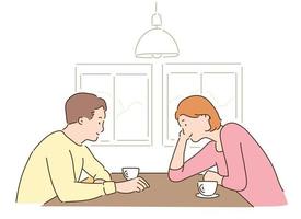 A couple is sitting facing each other and smiling. hand drawn style vector design illustrations.