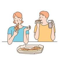 A man and a woman are eating pizza on the table. hand drawn style vector design illustrations.