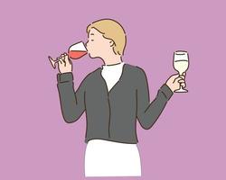 una mujer sosteniendo dos copas de vino y probándolas. ilustraciones de diseño de vectores de estilo dibujado a mano.