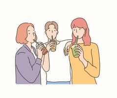 Friends holding drinks in hand and drinking through straws. hand drawn style vector design illustrations.