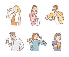 personas que beben diferentes tipos de bebidas. ilustraciones de diseño de vectores de estilo dibujado a mano.