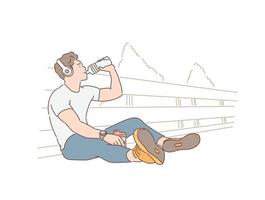 A man is sitting on the floor in a headset and drinking water. hand drawn style vector design illustrations.