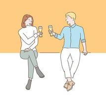 Two people are toasting while holding beer glasses in their hands. hand drawn style vector design illustrations.