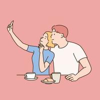 A couple is sitting in a cafe and taking a selfie with their phone. hand drawn style vector design illustrations.