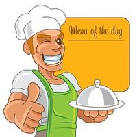 Cartoon mascot chef with happy smiling holding dish with menu board vector