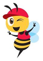 abeja de dibujos animados con gorra roja que muestra el signo de la mano de la victoria vector