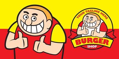 Cartoon smiling fat man with big teeth show 2 big thumb ups mascot character vector