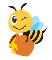 diseño plano de dibujos animados linda abeja feliz llevar un gran bote de miel relleno con miel orgánica fresca vector