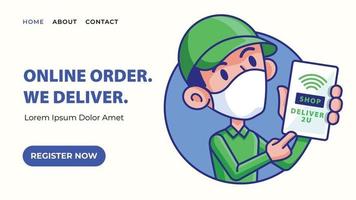 Landing web page template of online delivery service app. Modern flat design web banner of man with cap touching on smartphone screen to show delivery app vector