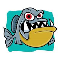 Cartoon angry piranha fish with big sharp teeth on blue sea background vector