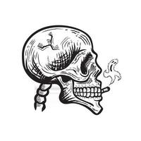 fumar cráneo. con humo fantasma. vector aislado. ilustración monocromática de cráneo