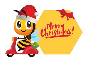 Cartoon cute bee rides scooter delivery with big Merry Christmas signboard vector
