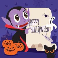 feliz Halloween. pequeño personaje de vampiro lindo con papel retro con fondo de fiesta temática de halloween vector