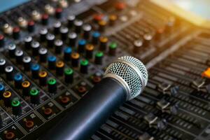 Microphone and audio sound mixer analog control room blurred background photo