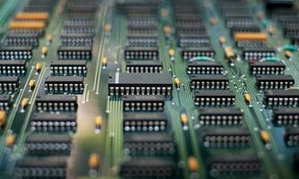 Closeup of electronic circuit board PCB components detail and in integrated circuit photo