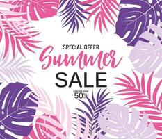 Abstract Summer Sale Background with palm leaves. Vector Illustration