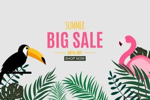 Abstract Summer Sale Background with Palm Leaves, Toucan and Flamingo. Vector Illustration